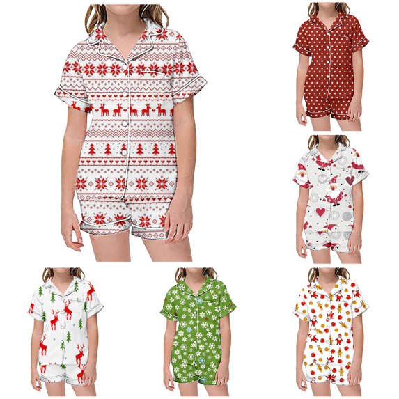 JAJAHO Girls 2 Piece Pajamas Set Christmas Satin Sleepwear Short Sleeve Button Down Kids Nightwear 2-13Y