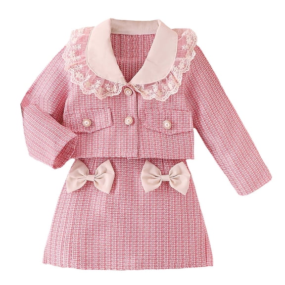 JAJAHO Girls 2 Piece Skirt Set Kids Fashion Long Sleeve Lace Trim Collar Crop Suit Jacket And Bowknot A-Line Skirts Elegant Matching Set For Toddlers Kids 1-6Y Stylish Outfit