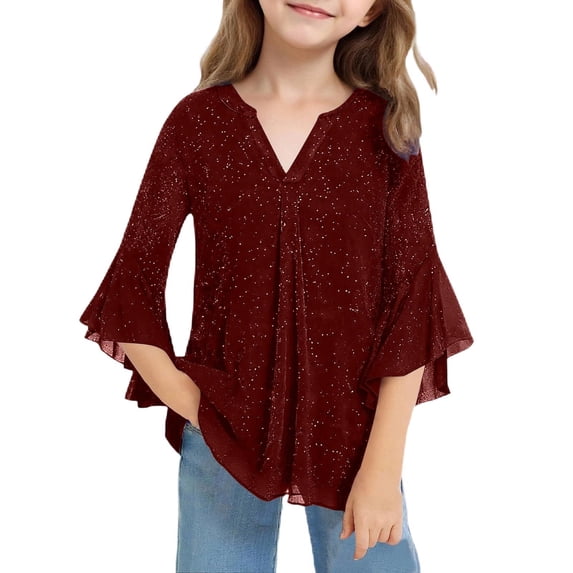 JAJAHO Girls 3/4 Sleeve Shirts Glitter Loose Fit Notch V Neck Tshirt For Kids Teens 3-14 Years Carnival Trendy Tops