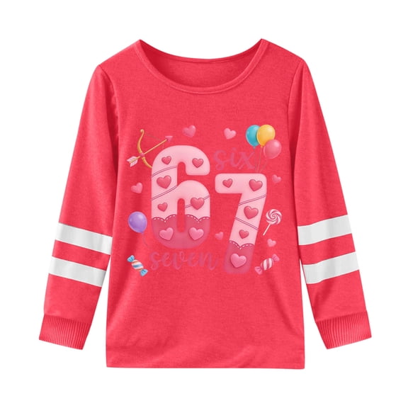 JAJAHO Girls 67 Print Long Sleeve Shirts Kids Crewneck Striped Pullover Tees Girl Spring Clothes Casual Daily Wear Comfy Tops