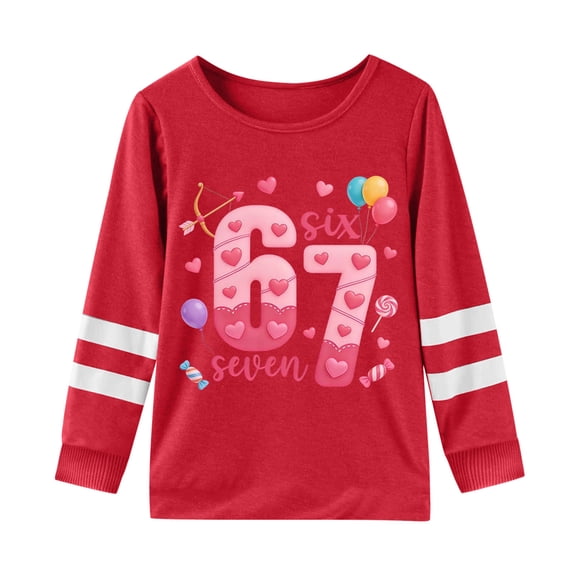 JAJAHO Girls 67 Print Long Sleeve Shirts Kids Crewneck Striped Pullover Tees Girl Spring Clothes Casual Daily Wear Trendy Tops