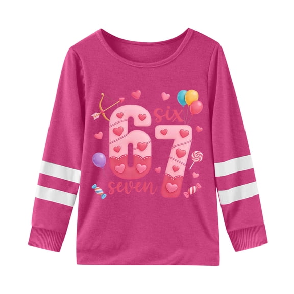 JAJAHO Girls 67 Print Long Sleeve Shirts Kids Crewneck Striped Pullover Tees Girl Spring Clothes Casual Daily Wear Versatile Tops