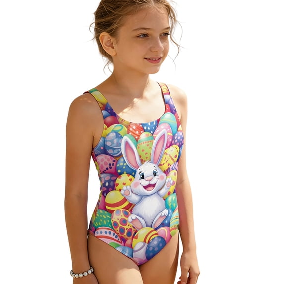 JAJAHO Girls Athletic Swimsuit Easter Bunny Printed Cross-Back One Piece Bathing Suit For Kids Water Play Trendy Swimwear
