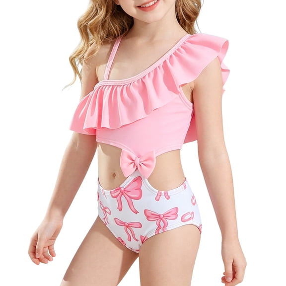 JAJAHO Girls Backless One Piece Swimsuit Cute Bow Asymmetrical Hollow Out High Cut Full Coverage Bathing Suit For Kids 4-8Y Lovely Beachwear