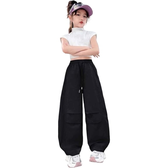 JAJAHO Girls Baggy Cargo Pants Lightweight Summer Casual Tapered Elastic Waist Drawstring Pants For Kids 4-14Y Comfy Trousers