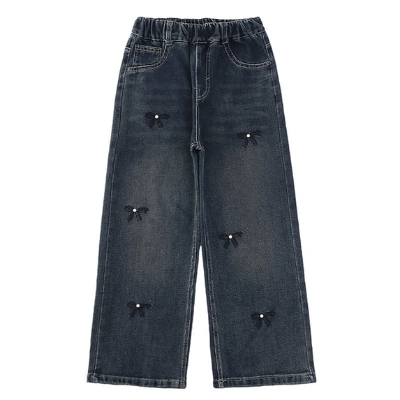 JAJAHO Girls Baggy Jeans Sizes 4-15Y Bow Embroidery Y2k Streetwear Elastic Waist Wide Leg Denim Pants