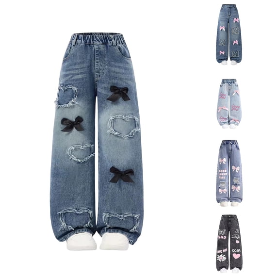 JAJAHO Girls Baggy Jeans Y2k Girls Elastic Waist Wide Leg Denim Pants For Teens Skater Streetwear 5-16Y