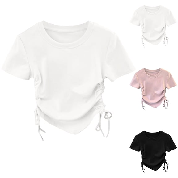 JAJAHO Girls Basic Tee Slim Fit T Shirts For Girl Side Drawstring Curved Hem Short Sleeve Summer Top For Kids 3-14Y Lightweight Comfortable Tops