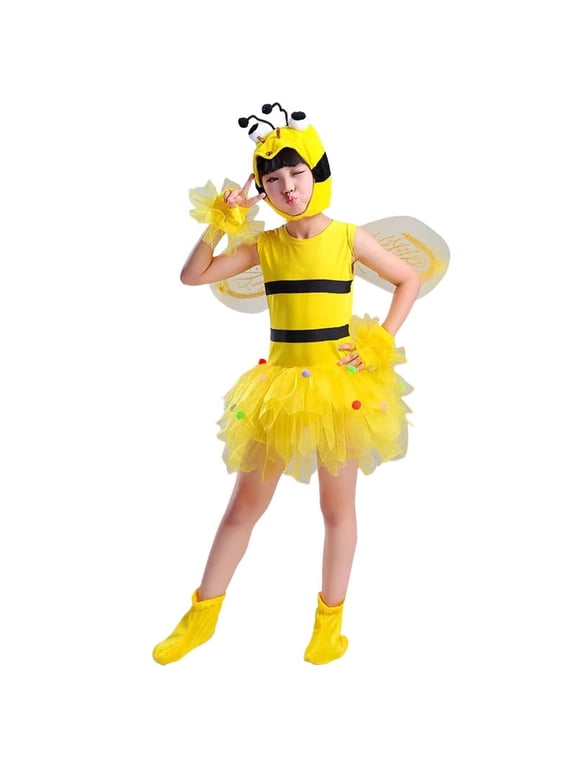 Girls Bee Animal Dress Up Outfits Sleeveless Mesh Tutu Mini Dress With Hat Wings Gloves Socks 5PCS Set For Kids Toddler 1-10 Years Stylish Outfit