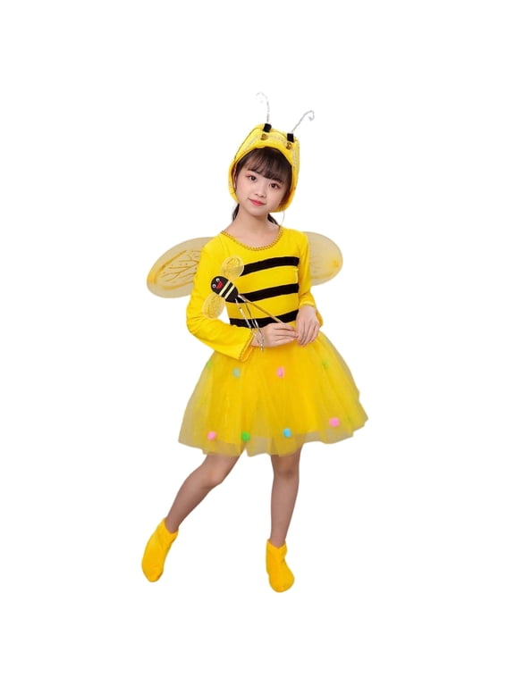 Girls Bee Animals Dress Up Outfits Long Sleeve Tutu Mini Dress With Hat Wings Socks Magic Wand 5PCS Set For Kids 1-10 Years Soft Outfit
