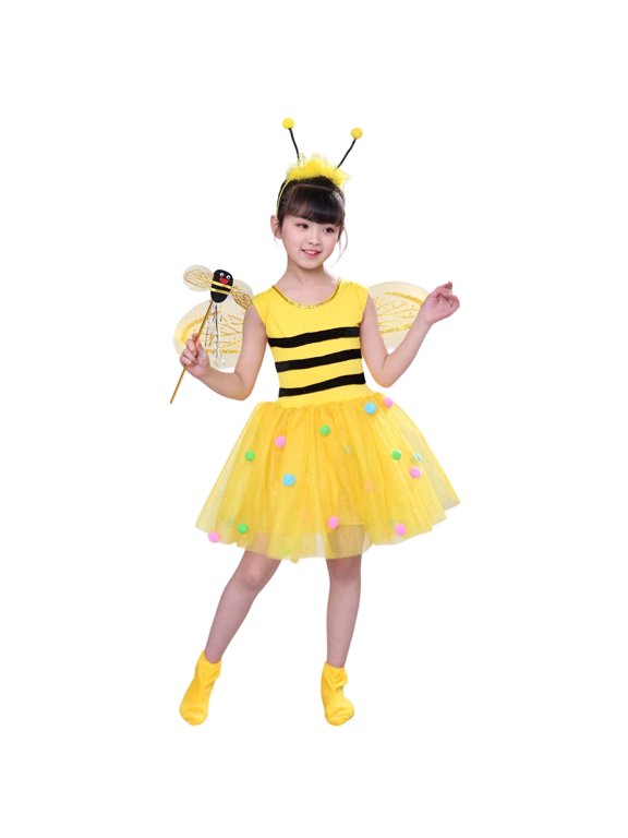 Girls Bee Animals Dress Up Outfits Short Sleeve Tutu Mini Dress With Hat Wings Socks Magic Wand 5PCS Set For Kids 1-10 Years Cozy Outfit