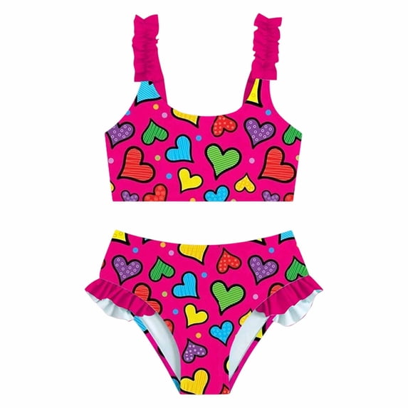 JAJAHO Girls Bikini Set 2 Piece Swimsuits For Kids Summer Heart Printed Spaghetti Strap Ruffle Bathing Suit 3-7Y Versatile Beachwear