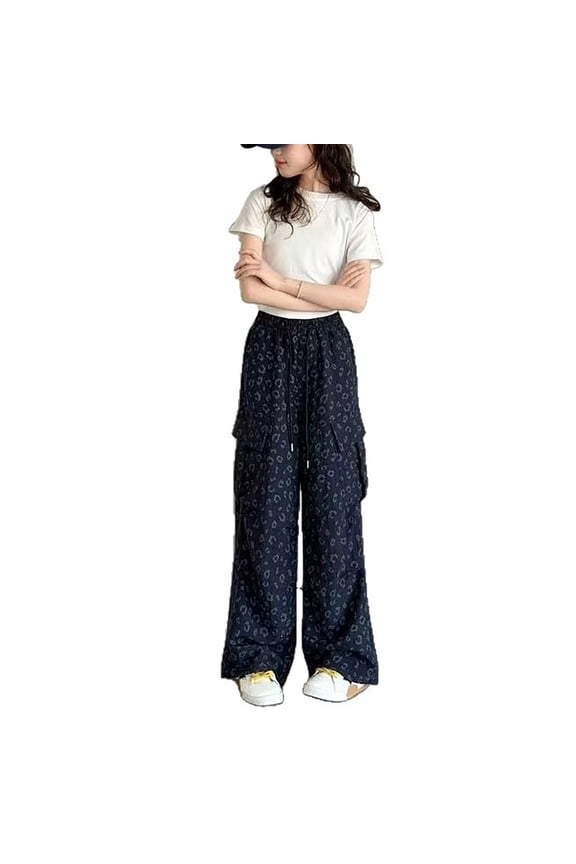 Girls Cargo Sweatpants Leopard Printed Casual Drawstring Wide Leg Loose Fit Kids Joggers Pants With Multi Pockets 4-15Y Versatile Trousers