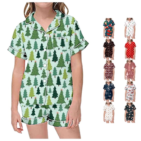JAJAHO Girls Christmas Pajamas Set Short Sleeve Button Down 2 Piece Pjs For Kids 2-13Y