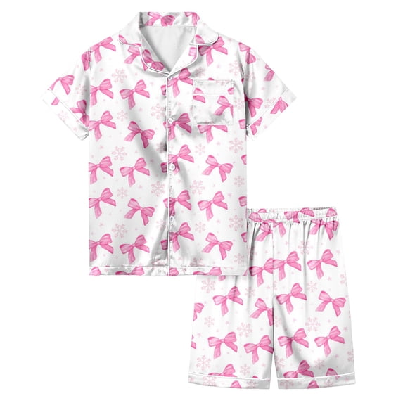 JAJAHO Girls Clothes 2PCS Outfits Home Clothes Set Valentine's Day Bow Printed Short Sleeve Button Up Lapel Top Shorts Cozy Outfit