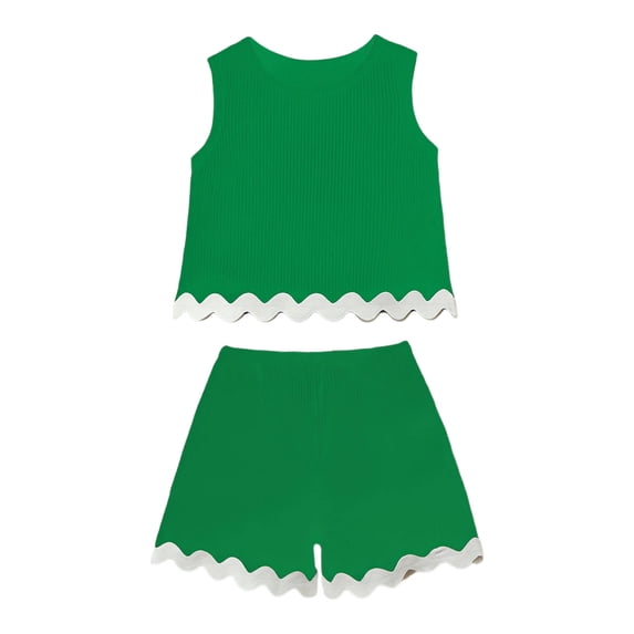 JAJAHO Girls Clothes Summer Outfit Casual Style Solid Color Ribbed Tank Top And Shorts 2 Piece Set For Kids Toddler 3-12 Years Beach Vacation Comfortable Outfit