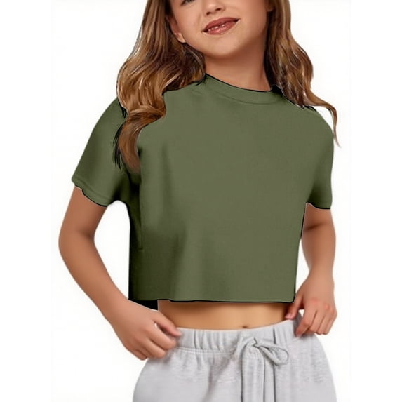 JAJAHO Girls Crop Tops Basic Tees For Kids Teens Solid Color Summer Short Sleeve Crew Neck Loose Fit T Shirts Girl Clothes 5-14Y Trendy Top