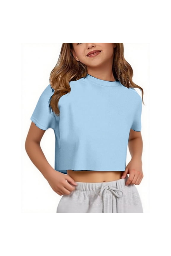 Girls Crop Tops Basic Tees For Kids Teens Solid Color Summer Short Sleeve Crew Neck Loose Fit T Shirts Girl Clothes 5-14Y Trendy Tops