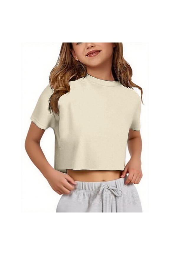 Girls Crop Tops Basic Tees For Kids Teens Solid Color Summer Short Sleeve Crew Neck Loose Fit T Shirts Girl Clothes 5-14Y Versatile Tops