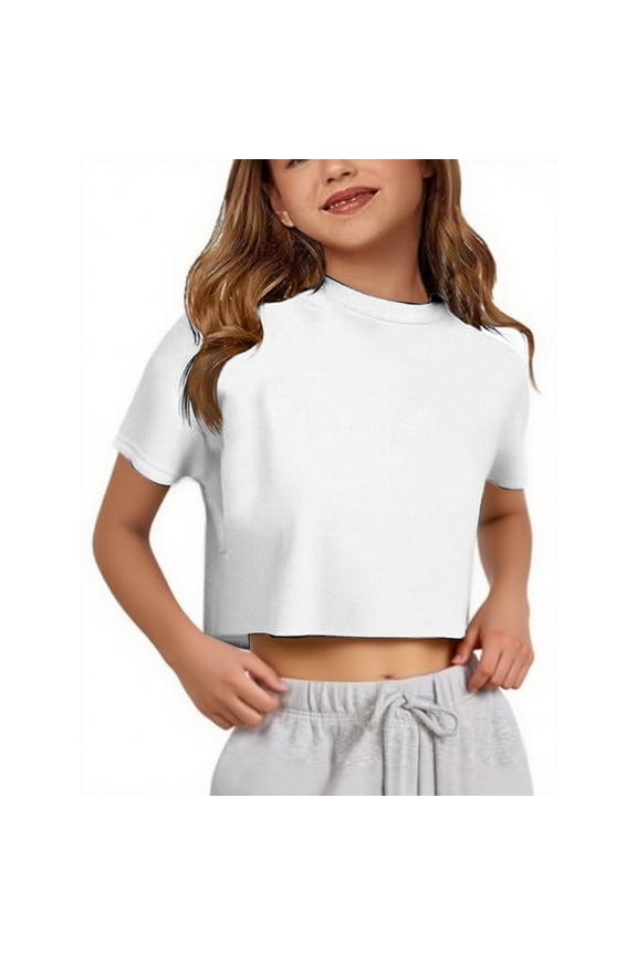 Girls Crop Tops Basic Tees For Kids Teens Solid Color Summer Short Sleeve Crew Neck Loose Fit T Shirts Girl Clothes 5-14Y Versatile Tops