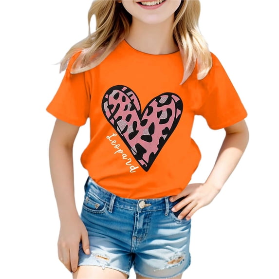 JAJAHO Girls Cute Graphic Tee For Kids Leopard Heart Print Short Sleeve T Shirts For Girl Casual Comfortable Daily Wear Ages 3-13 Years Stylish Tops