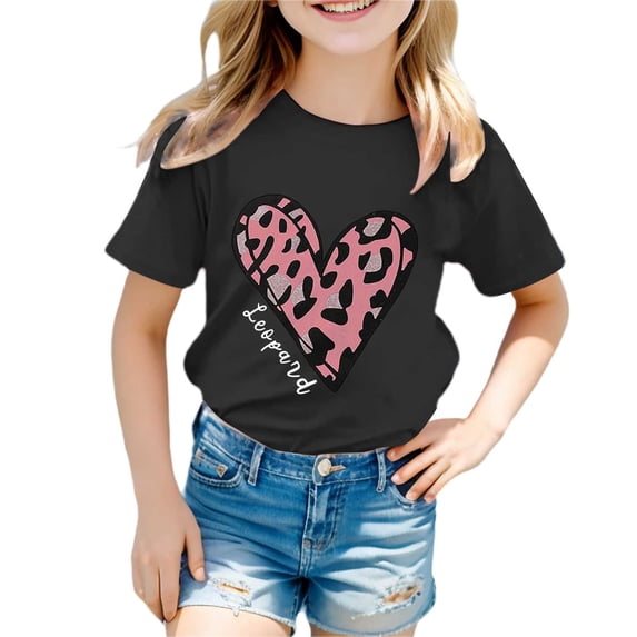 JAJAHO Girls Cute Graphic Tee For Kids Leopard Heart Print Short Sleeve T Shirts For Girl Casual Comfortable Daily Wear Ages 3-13 Years Stylish Tops