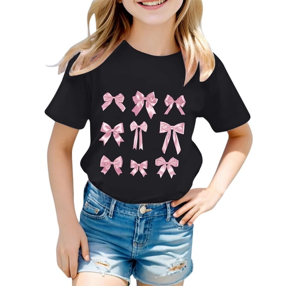 JAJAHO Girls Cute Graphic Tee For Kids Summer Top Girl Short Sleeve Bow Printed Crew Neck Loose Fit T Shirt Ages 1-13 Years Soft Tops