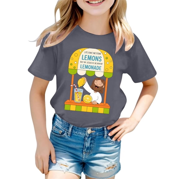 JAJAHO Girls Cute Graphic Tees For Kids Casual Cartoon Printed Round Neck Short Sleeve Loose Fit T Shirt 1-13Y Trendy Tops