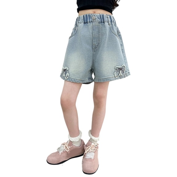 JAJAHO Girls Denim Shorts Bow Embroidery Wide Leg Loose Fit Elastic Waist Summer Jeans Shorts For Kids 5-14Y Versatile Bottoms