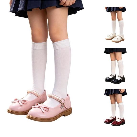 JAJAHO Girls Dress Shoes School Uniform Kids Mary Jane Shoes Bow Pearl Pu Leather Hook And Loop Flats Wedding Party Footwear 2-13Y
