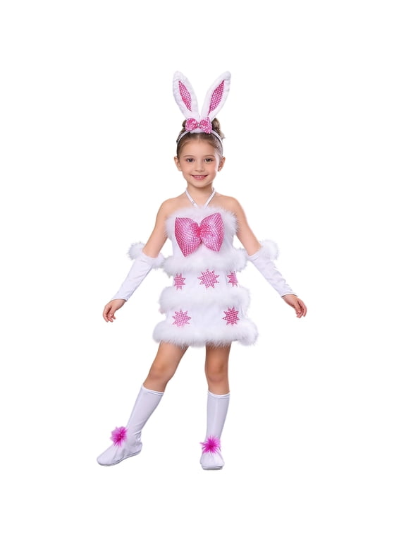 Girls Easter Outfits 4 Piece Set Party Performance Wear Sleeveless Halter Fuzzy Trim Mini Dress With Headband Socks Arm Covers Bunny Holiday Outfits For Kids 2-10Y