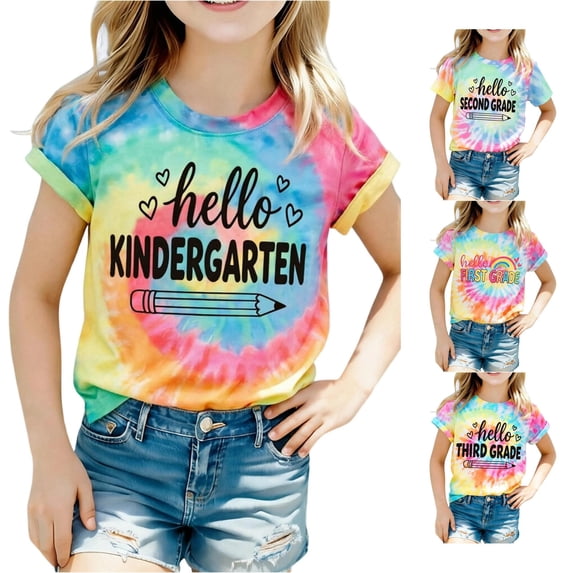 JAJAHO Girls First Grade T Shirt Happy First Day Of School Tie Dye Graphic Tees Back To School Clothes For Girls