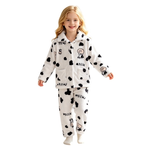 JAJAHO Girls Flannel Fluffy Pajama Cute Cow Print Long Sleeve Button Down Sleepwear 2 Piece Pjs For Kids 18M-13Y
