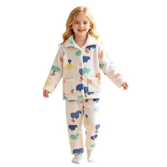 JAJAHO Girls Flannel Fluffy Pajama Cute Print Long Sleeve Button Down Sleepwear 2 Piece Pjs For Kids 18M-13Y
