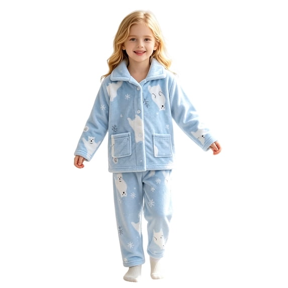 JAJAHO Girls Flannel Fluffy Pajama Cute Print Long Sleeve Button Down Sleepwear 2 Piece Pjs For Kids 18M-13Y