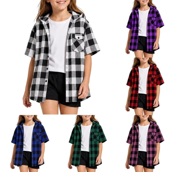 JAJAHO Girls Flannel Shirt Kids Plaid Hoodie Short Sleeve Button Down Shirts For 4-14 Years