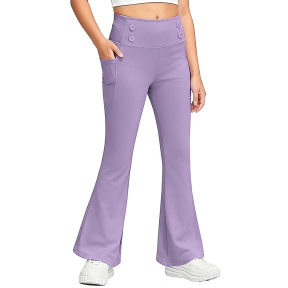JAJAHO Girls Flared Pants Fuzzy Lining Solid Color Thermal Flare Leggings With Pockets For Kids 5-16 Years Warm Cozy Trousers