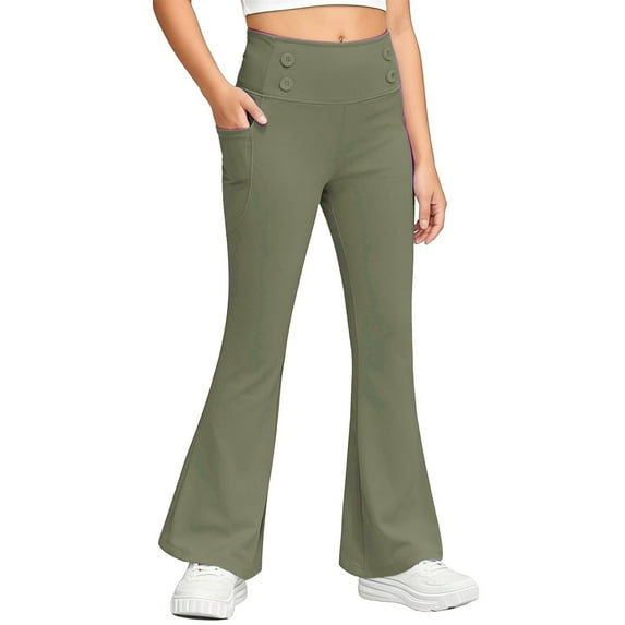 JAJAHO Girls Flared Pants Fuzzy Lining Solid Color Thermal Flare Leggings With Pockets For Kids 5-16 Years Warm Soft Trousers