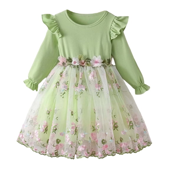 JAJAHO Girls Floral Mesh Princess Dresses Long Sleeve Ribbed A-Line Flowy Midi Dress Spring Clothes Holiday Outfits Trendy Dresses