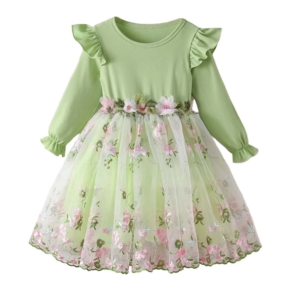 JAJAHO Girls Floral Mesh Princess Dresses Long Sleeve Ribbed A-Line Flowy Midi Dress Spring Clothes Holiday Outfits Trendy Dresses