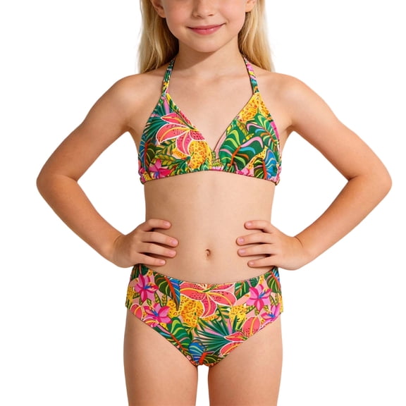 JAJAHO Girls Floral Print Bikini Set Two Piece Swimwear Halter Triangle Top With Briefs For Kids Cozy Swimwear