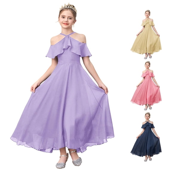 JAJAHO Girls Formal Gown Halter Off The Shoulder Short Sleeve Chiffon Long Dress For Wedding Party Prom 7-12Y