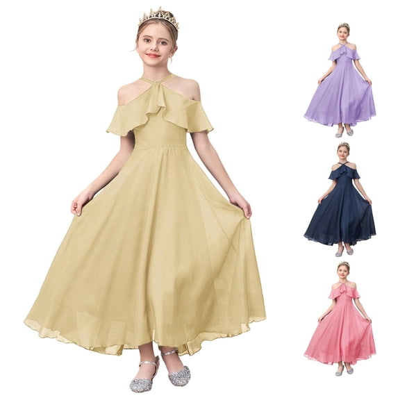 JAJAHO Girls Formal Gown Halter Off The Shoulder Short Sleeve Chiffon Long Dress For Wedding Party Prom 7-12Y