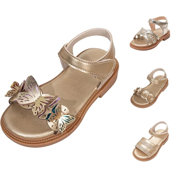 JAJAHO Girls Glitter Sandals Princess Shoes Summer Non- Hook And Loop Flat Sandals For Kids Toddlers 1-7Y