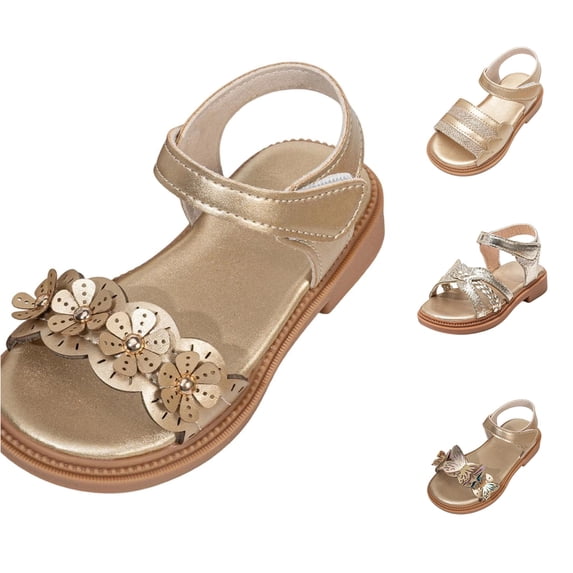 JAJAHO Girls Glitter Sandals Princess Shoes Summer Non- Hook And Loop Flat Sandals For Kids Toddlers 1-7Y