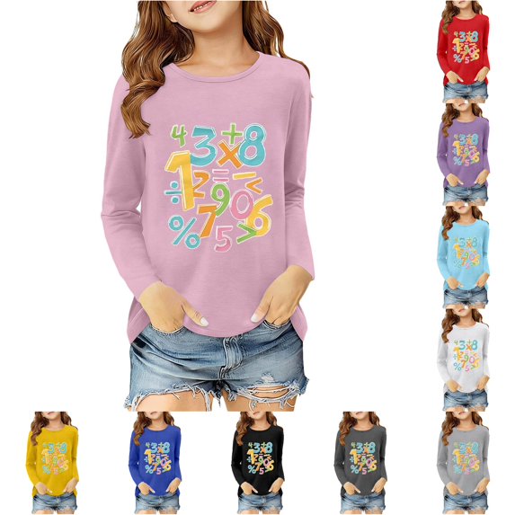 JAJAHO Girls Graphic Tees Long Sleeve Number Printed Loose Fit Crew Neck T Shirt Kids Fall Clothes 3-14Y