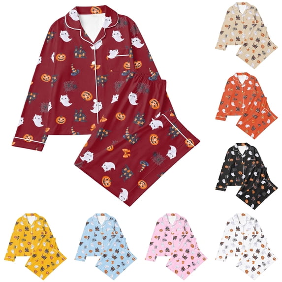 JAJAHO Girls Halloween Pajamas 2-Piece Pjs Set Kids Long Sleeve Button Down Shirt And Pants Home Clothes 3-14Y