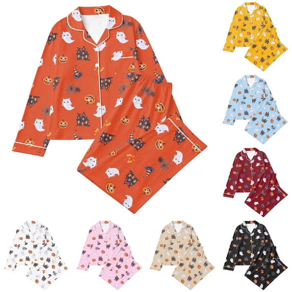 JAJAHO Girls Halloween Pajamas 2-Piece Pjs Set Kids Long Sleeve Button Down Shirt And Pants Home Clothes 3-14Y