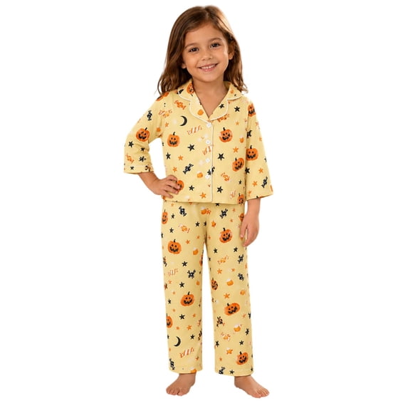 JAJAHO Girls Halloween Pajamas Cute Ghost Long Sleeve Button Down 2 Piece Pjs Loungewear Set For Kids 3-14Y