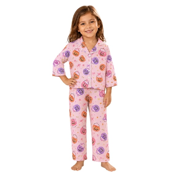 JAJAHO Girls Halloween Pajamas Cute Ghost Long Sleeve Button Down 2 Piece Pjs Loungewear Set For Kids 3-14Y